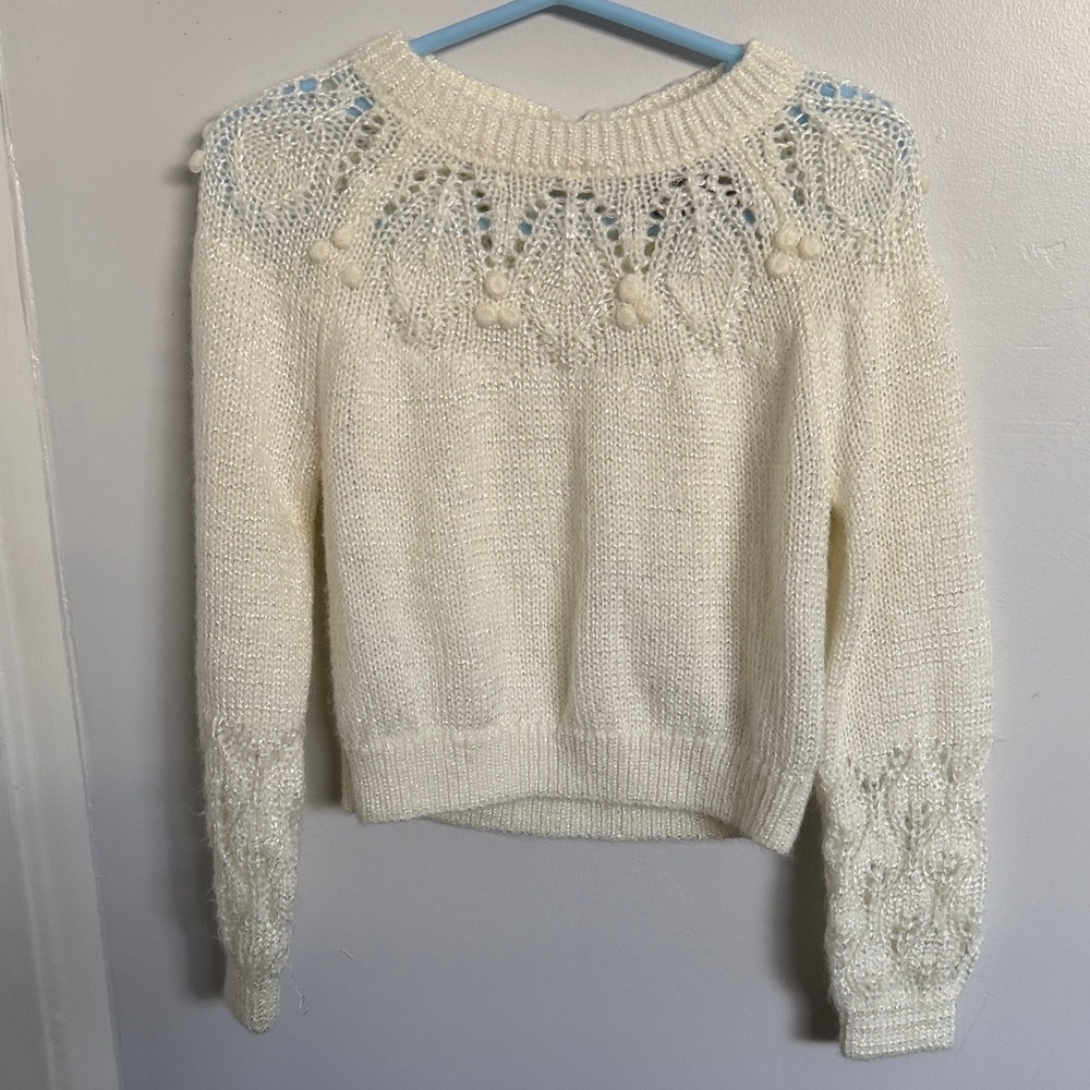 Rachel Zoe Ivory Knit Sweater with Pom Trim